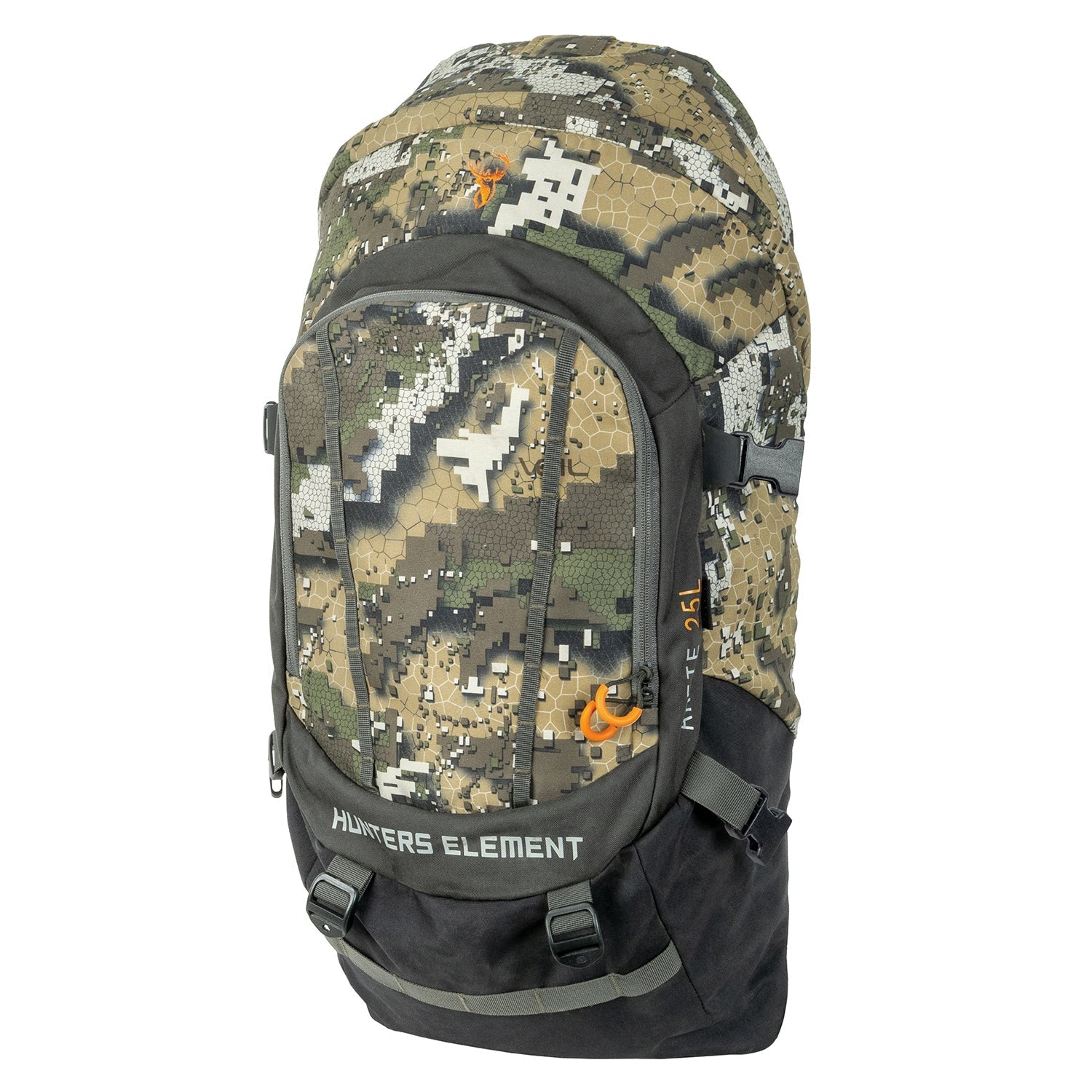 A camouflage backpack with integrated rifle scabbard, designed for hunting and outdoor activities, displayed against a white background.