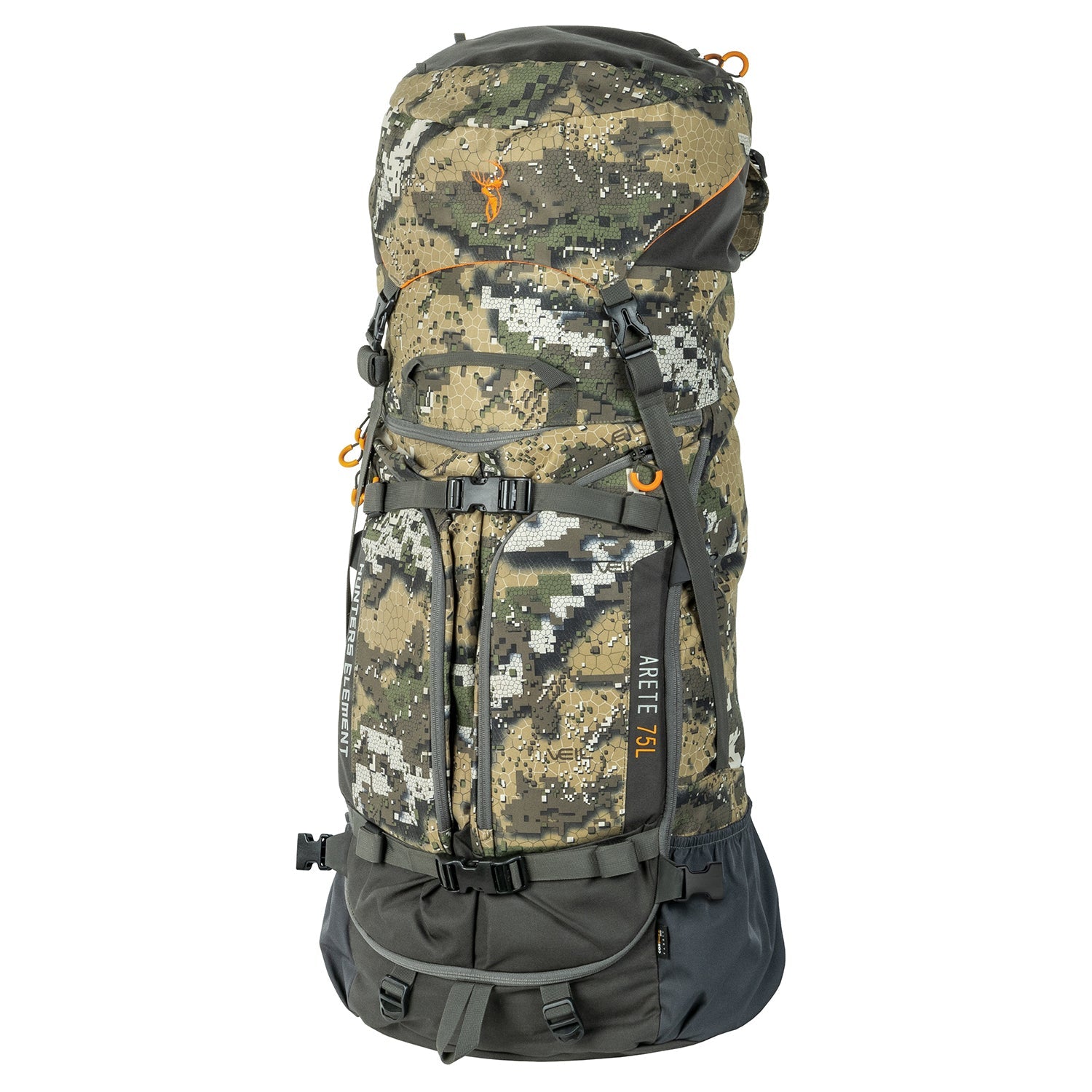 A camouflage backpack designed for hunting and multi-day excursions, featuring multiple compartments and an integrated rifle scabbard.