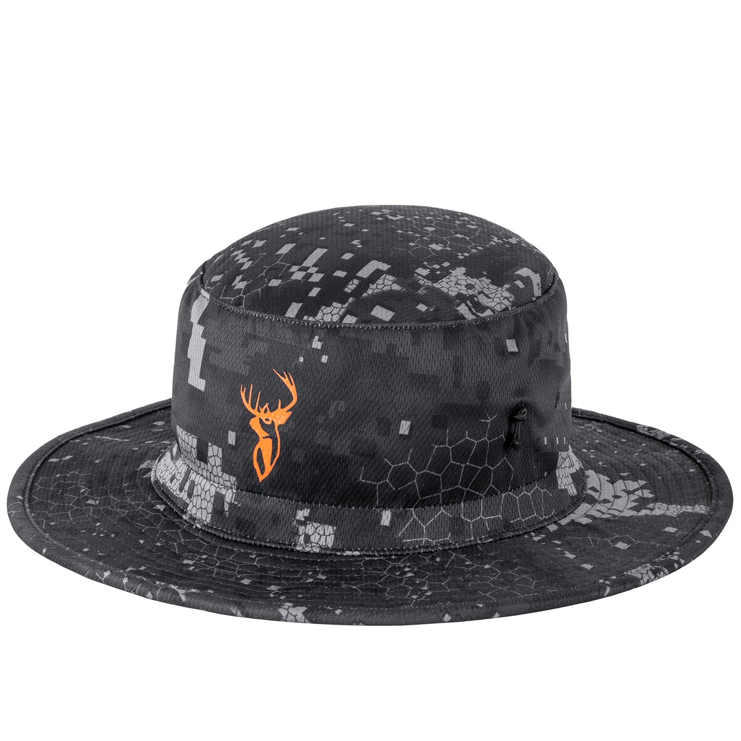 A camouflage boonie hat with a logo on the front.