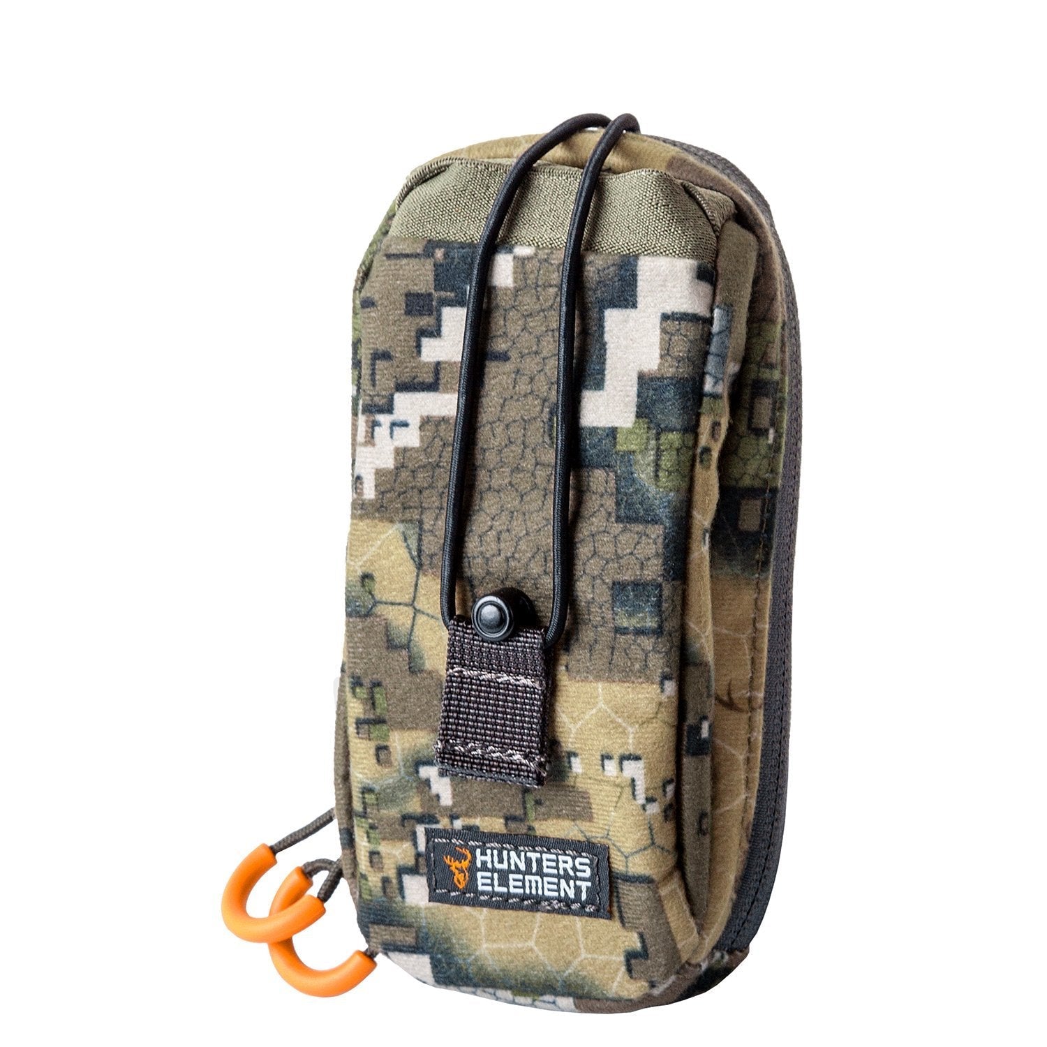 A camouflage GPS pouch with a chest attachment and two zippers, displayed against a white background.