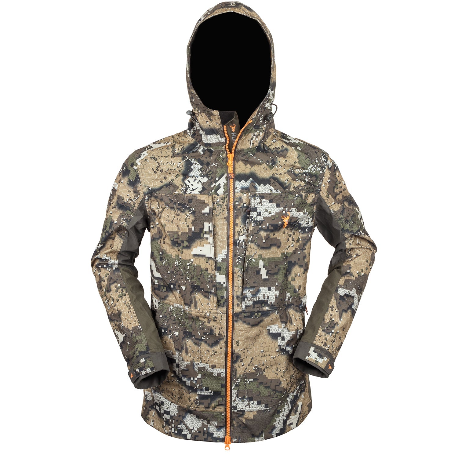 A hunting jacket with camouflage pattern, featuring a hood, chest pockets, and zippered sleeves.