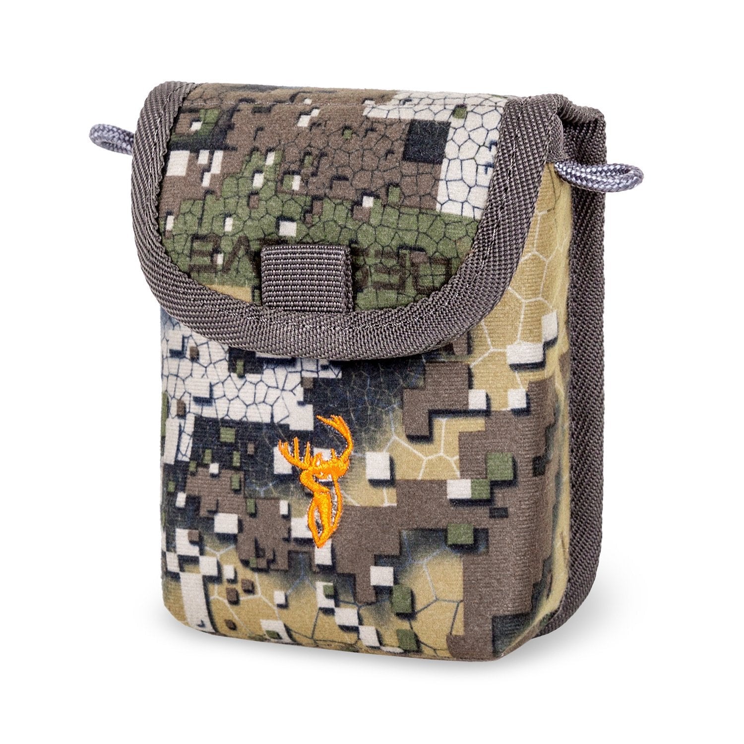 A camouflage patterned rangefinder pouch with a strong magnetic closure and small loops on the sides.