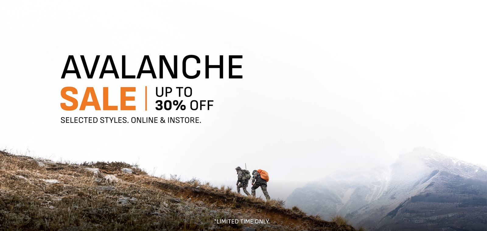 Two hikers on a mountain with 'Avalanche Sale' text overlay