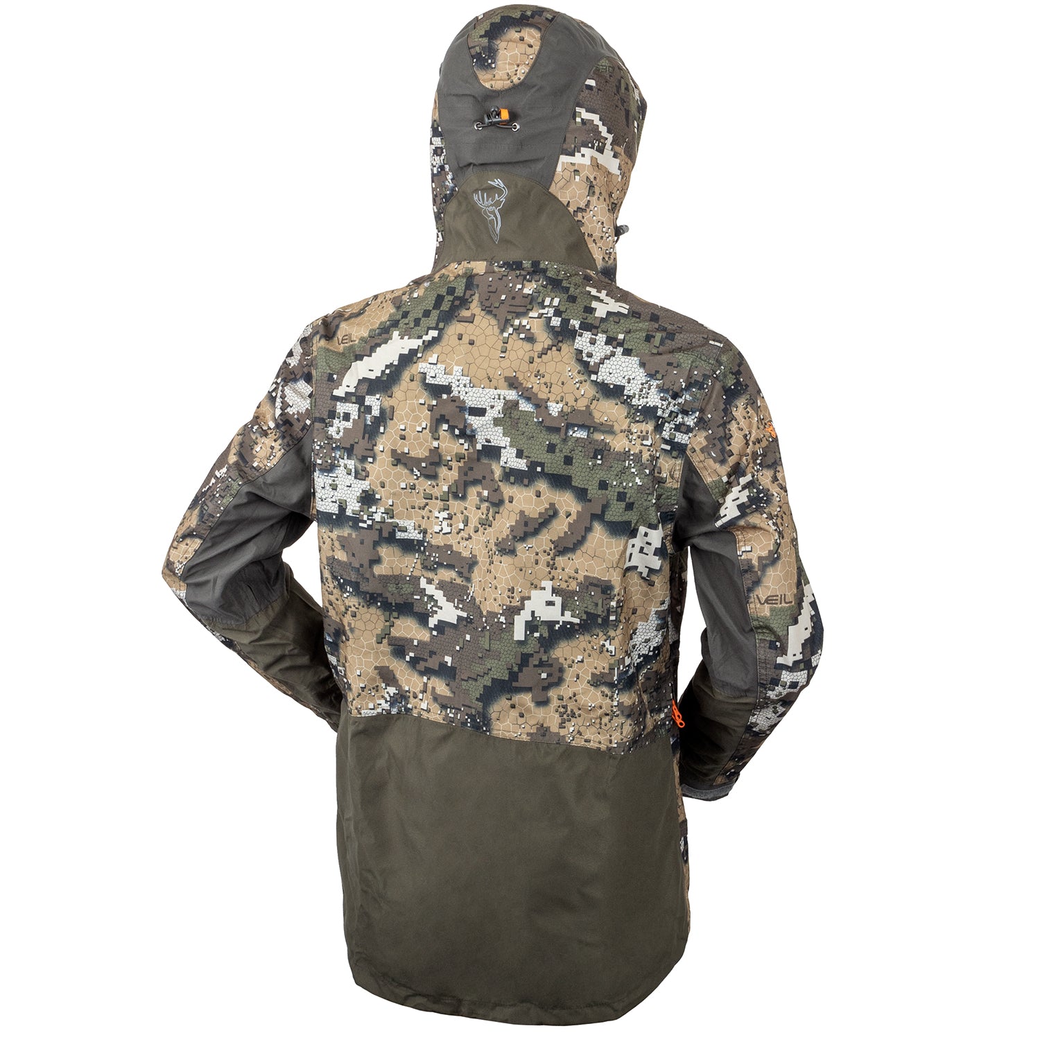 A hunting jacket with camouflage pattern, featuring a hood, chest pockets, and zippered sleeves.